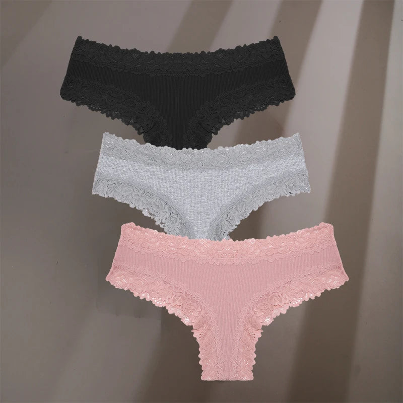 3Pcs/Set Sexy Lace Briefs Cotton Panties Women's Fashion 7 Solid Color Comfortable Briefs Low Waist Underpants Stretch Underwear