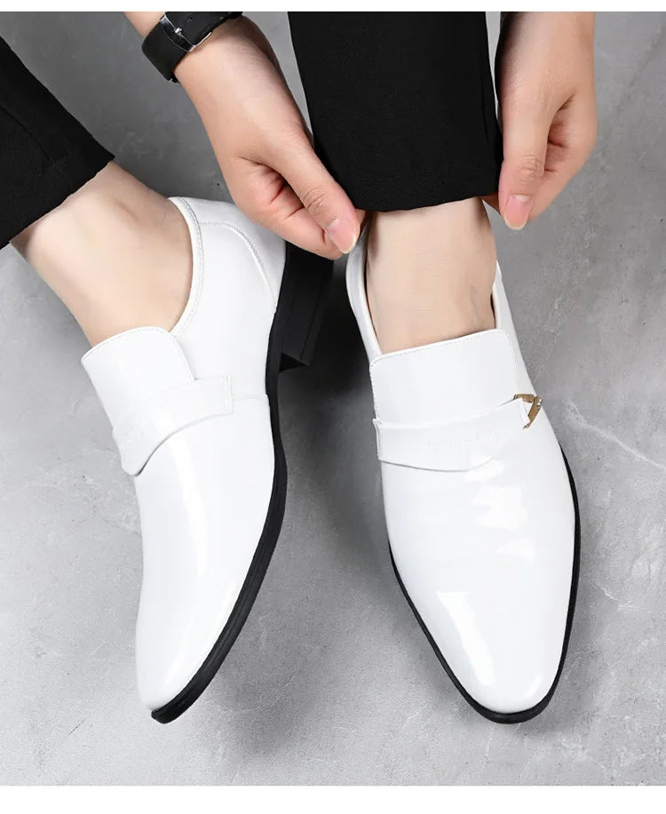 White Leather Shoes for Men 2025 New Patent Leather Business Men Casual Shoes Slip on Party Dress Footwear Pointed Toe Loafers