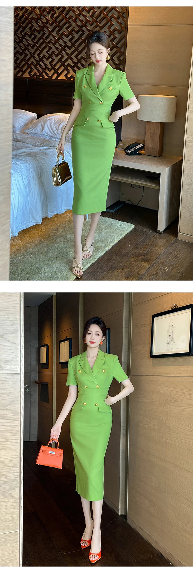 Elegant Office Lady Classic Business Formal Pencil Dress Women Clothes Blazer Commute Short Sleeve High Waist Slim Midi Vestidos