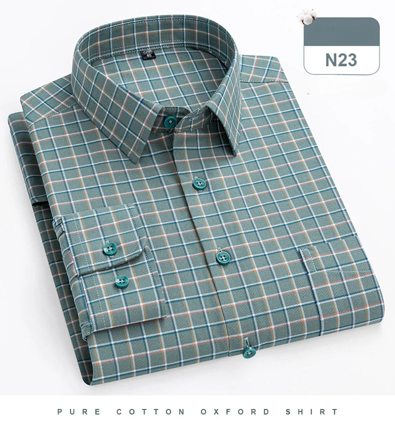 plus size 14xl 100%cotton long-sleeve shirts for men slim fit formal plain shirt soft plaid striped tops office elegants clothes