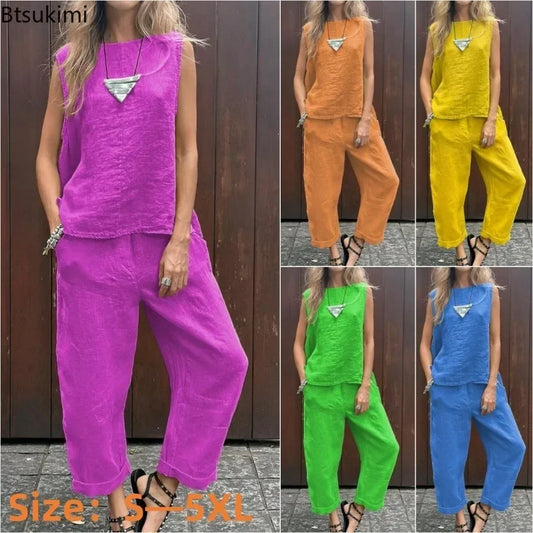 2026 Women's Summer Casual Cotton Linen Two Piece Pant Sets Elegant Sleeveless Shirts Top&Pockets Pants Outfits Solid Suit Sets
