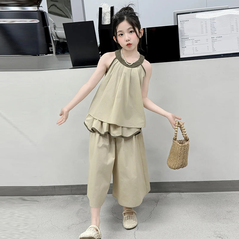 Girls Summer Casual Loose Skirt Pants Set Two Piece Outfit Big Kids Fashion Children's Clothing Set Comfortable