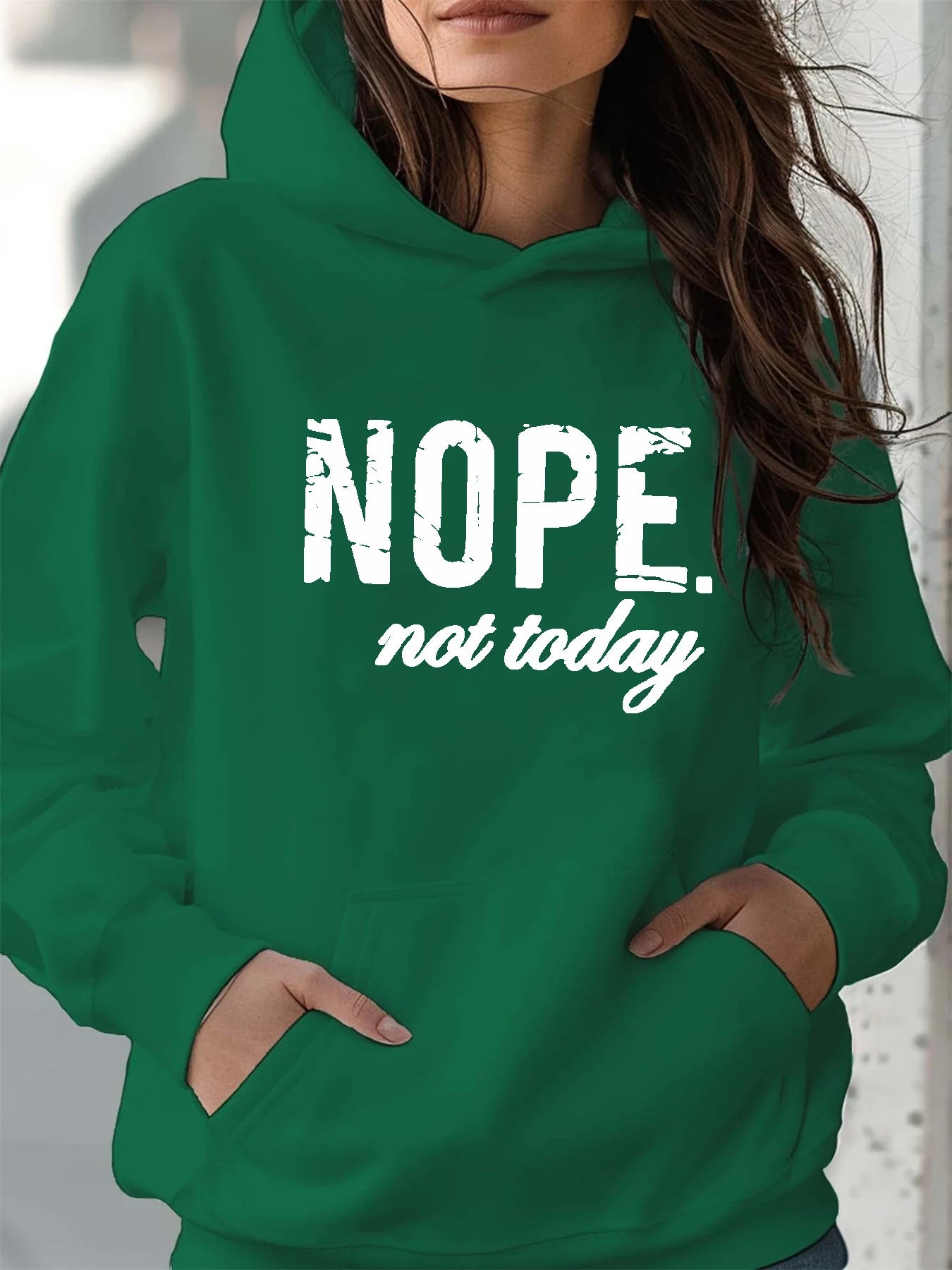 Women's autumn and winter warm and loose casual NOPE not today printed suede long sleeved hooded sweatshirt BAZAARHUBO