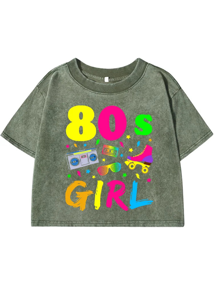 80 S Girl Colorfulprinting Female Washed Short Tshirt Breathable Summer T Shirt Casual Fashion Midriff-Baring Distress Tops