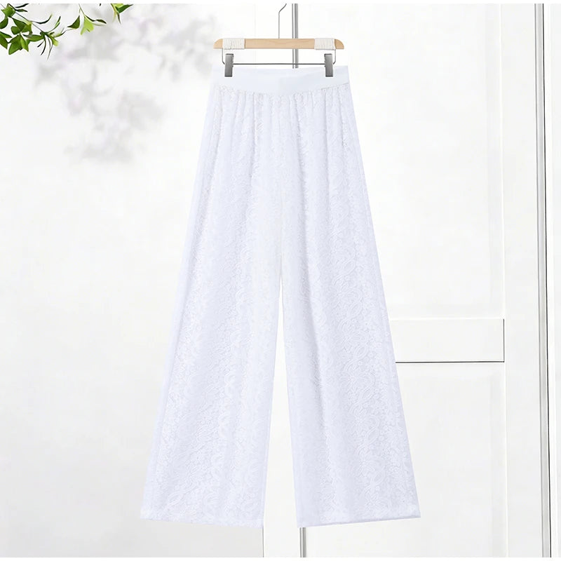 See Through Lace Vest Pant Set Women Beach Sling  Tops Pleated Straight Pants 2026 Summer Vacation Hollow Out Lady Suits