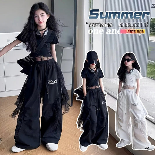 4-14 girls Hip Hop Jazz Street Dance clothes Set Child Summer Clothing Lace patchwork T-shirt+work pants 2pcs kids outfits suit