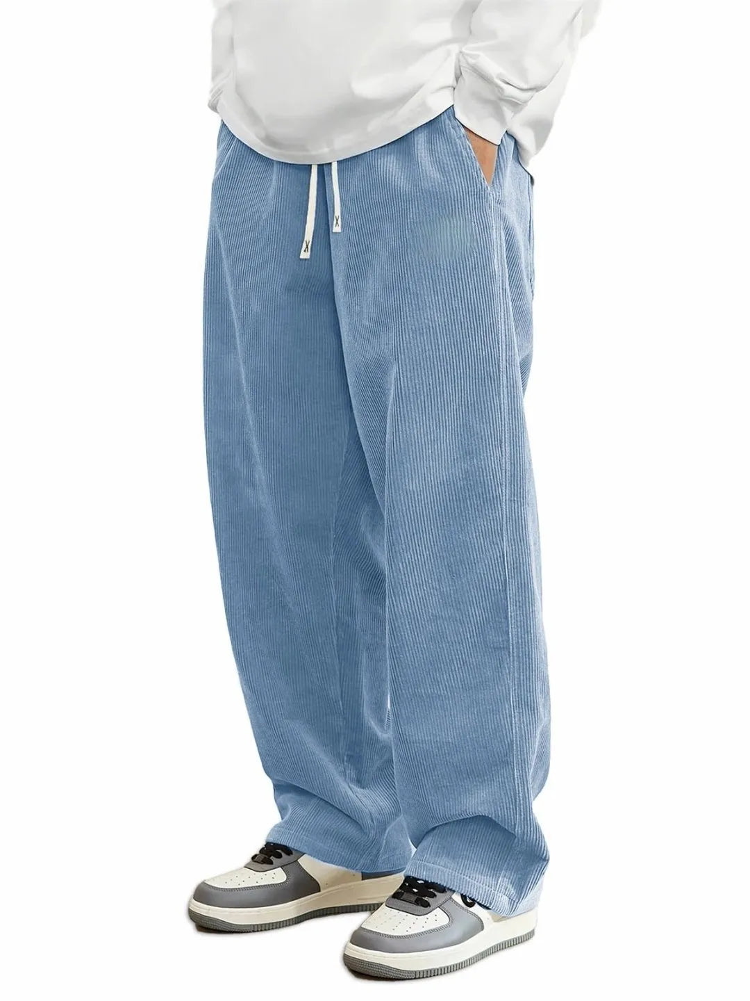 Summer Mens Corduroy Casual Pants, Loose Straight Fit Sweatpants with Elastic Waist & Drawstring, Men Outdoor Streetwear Trouser