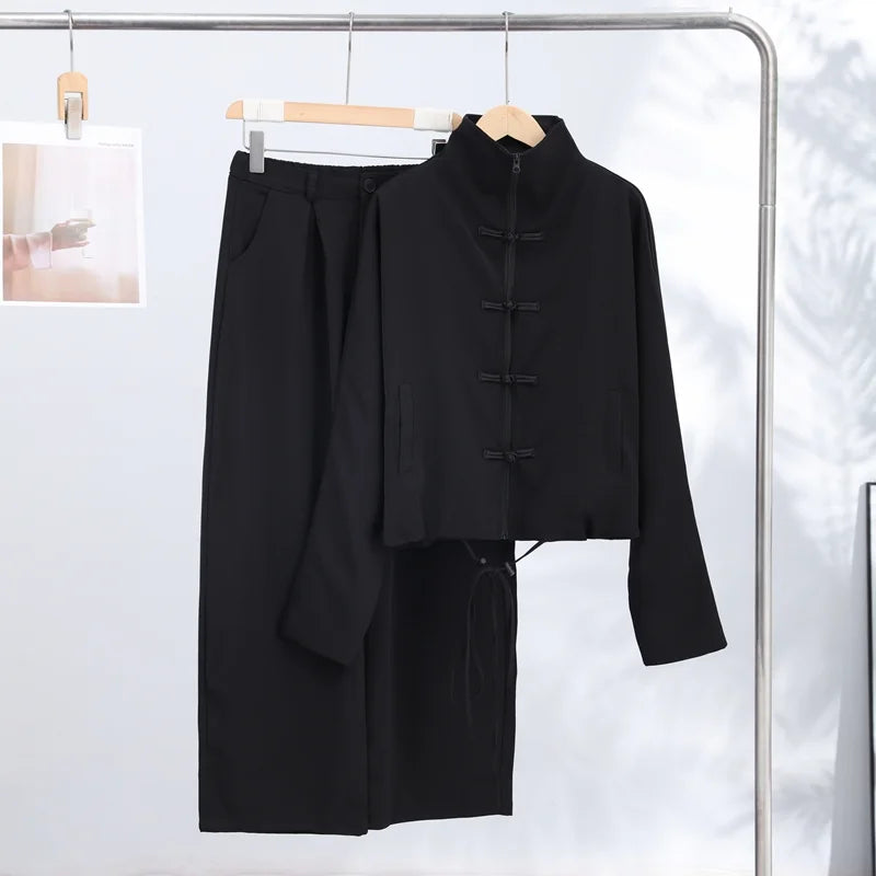 Casual Zipper Shirt Pants Suit Women Solid Button Stand Collar Drawstring Shirts Loose High Waist Trousers 2026 Spring Set Lady