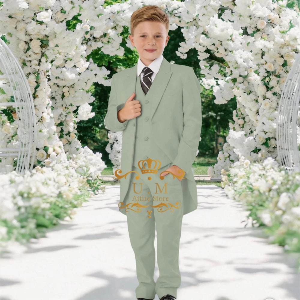 Custom Boys' 3-Piece Tuxedo Set Long Jacket Black Vest Pants Slim Fit Suit for Wedding Birthday Party Children Performances