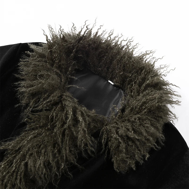 Vintage Patchwork Women's Faux Fur Trim Coat Urban Lapel Full Sleeve Female Jacket Female 2026 Autumn Winter Lady Streetwear New