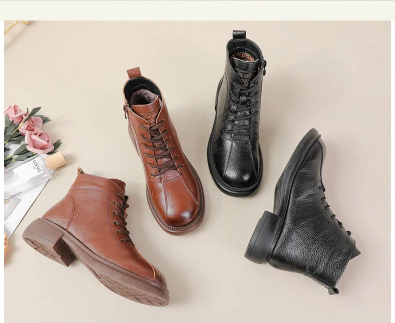Xiuteng Autumn New Cowhide Mid-Heel Soft-Soled Women's Short Boots Retro Casual Leather  Boots Warm Women's Cotton Shoes
