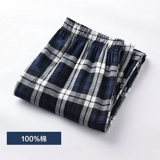 Spring Summer High Quality Pants Men 100% Cotton Sleep Bottoms Male Plus Size Night Trousers Men Casual Loose Plaid Home Pants