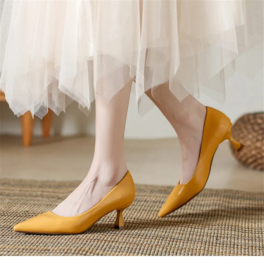Soft Leather Concise Ladies Office Shoes 2026 Spring Shallow Comfort 6.0cm High Heels Women Pumps Dress Pointy Toe Wedding Shoes