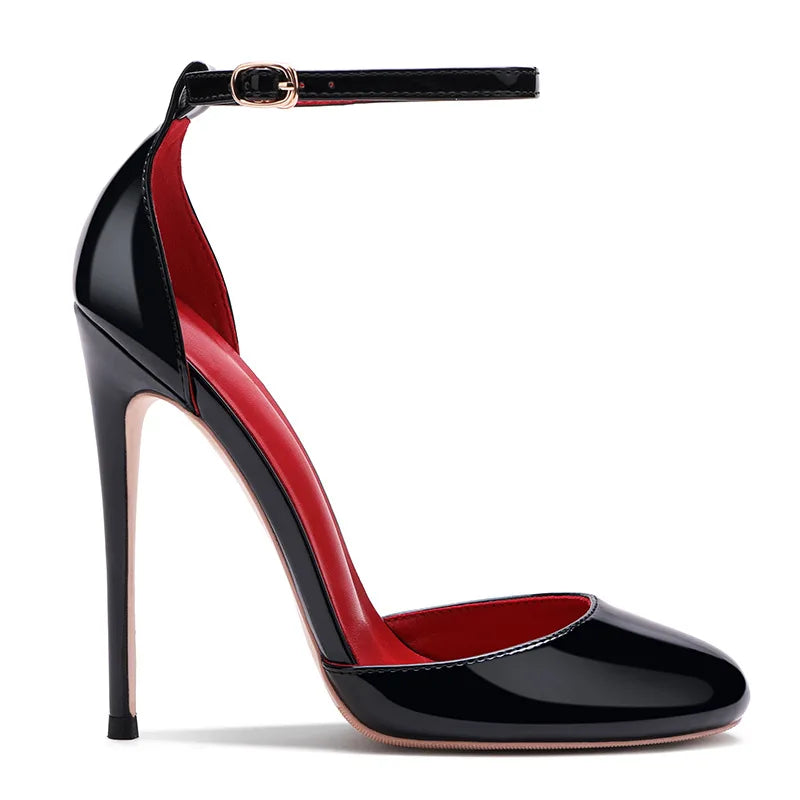 Black Patent Leather Women Ankle Strap Stiletto Pumps 10cm 12cm Professional High Heels Pointed Toe Sexy Summer Buckle Sandals
