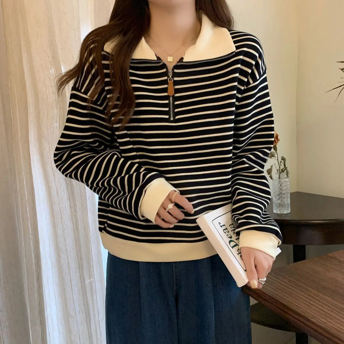 Women Striped Half Zip Sweatshirt Long Sleeve Collared Pullover Casual Fit  Fashion Oversized Streetwear Tops 2026 Tendencias BAZAARHUBO