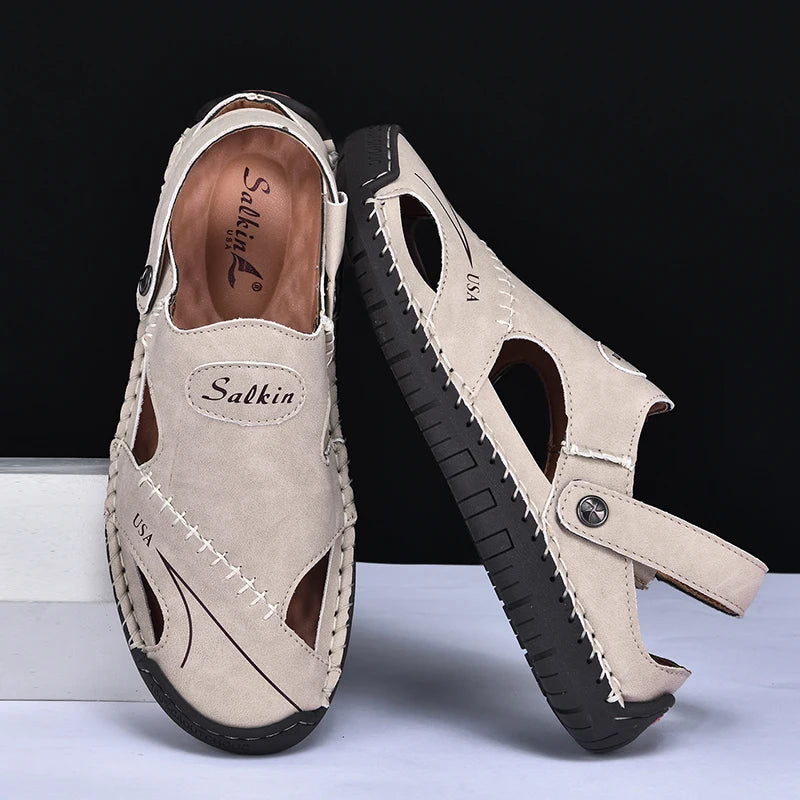 New Handmade Summer Sandals Men Breathable Leather Shoes Man Outdoor Men Sandals Antiskid Beach Sandals Hollow Shoes Fashion