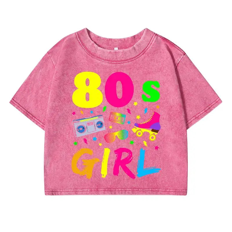 80 S Girl Colorfulprinting Female Washed Short Tshirt Breathable Summer T Shirt Casual Fashion Midriff-Baring Distress Tops