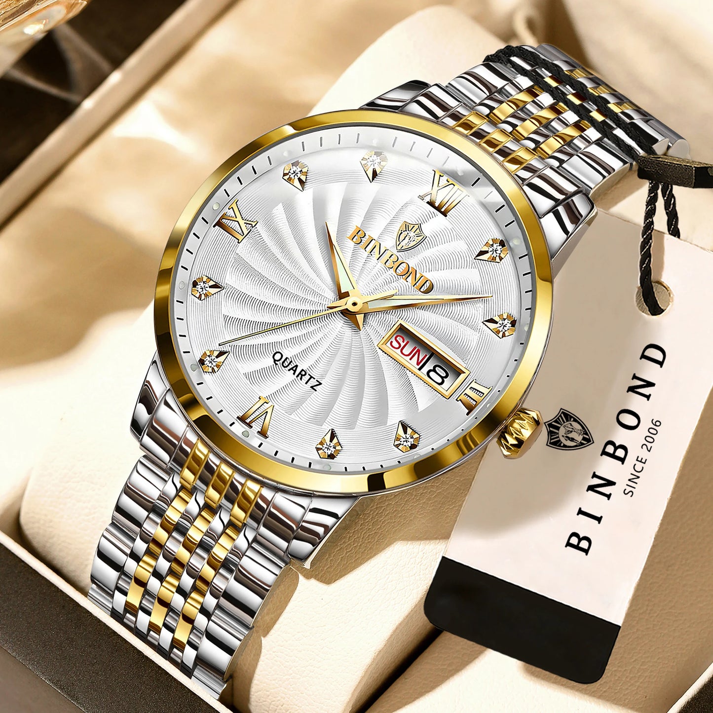 BINBOND Quartz Watches for Men Luxury Luminous Waterproof Precise Auto Date Week Display Men's Watch Casual Sturdy Reloj