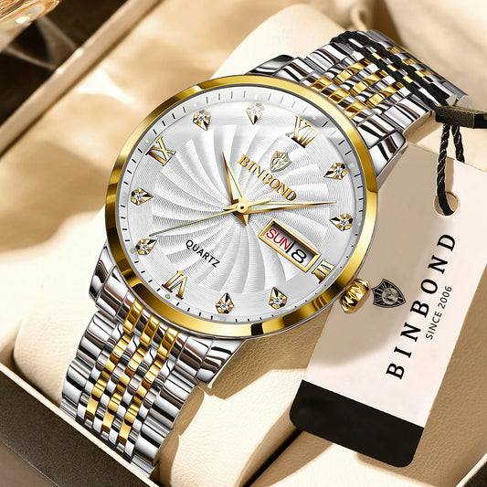 BINBOND Quartz Watches for Men Luxury Luminous Waterproof Precise Auto Date Week Display Men's Watch Casual Sturdy Reloj
