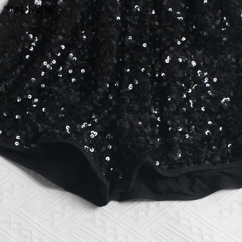Women's Sexy Sequined Shorts High-waisted Wide-leg Pants Elastic-waisted Casual Hot Pants