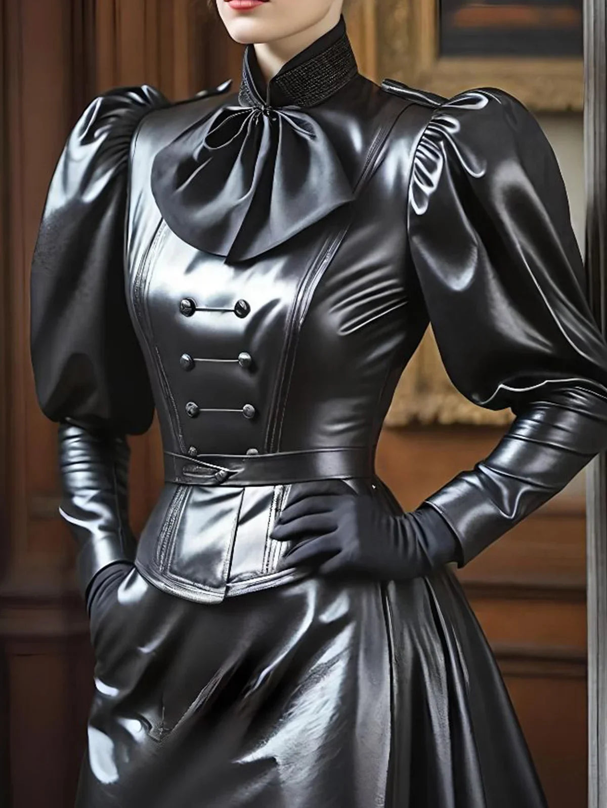 Faux Leather PU Top for Women Stand Collar Lantern Sleeve Sweet High Street American Retro Blouse Vintage Cinched Bow T shirts