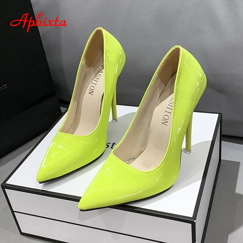 Aphixta New 4.72Inch Super High Stiletto Heels Patent Leather Women Pumps Colorful Officia Pointed Toe Shoes Plus Big Size 49 50