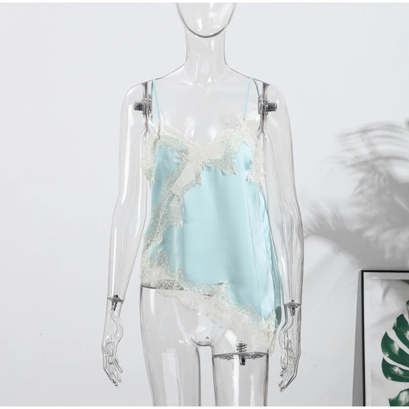 Lace Spliced Square Neck Spaghetti Strap Blouse Loose Fit Cropped 2026 Summer Women Chiffon Top Causal Delicate Lady Blusa