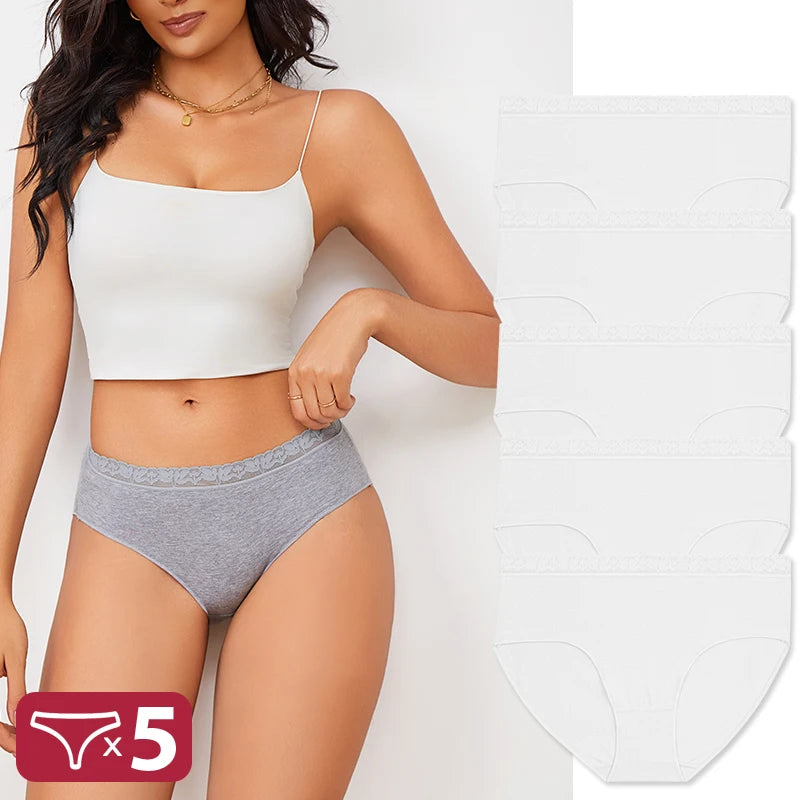 FINETOO 5PCS/Set Women Cotton Panties Sexy Low Waist Briefs Lace Cotton Female Comfortable Underwear Solid Color Soft Lingerie