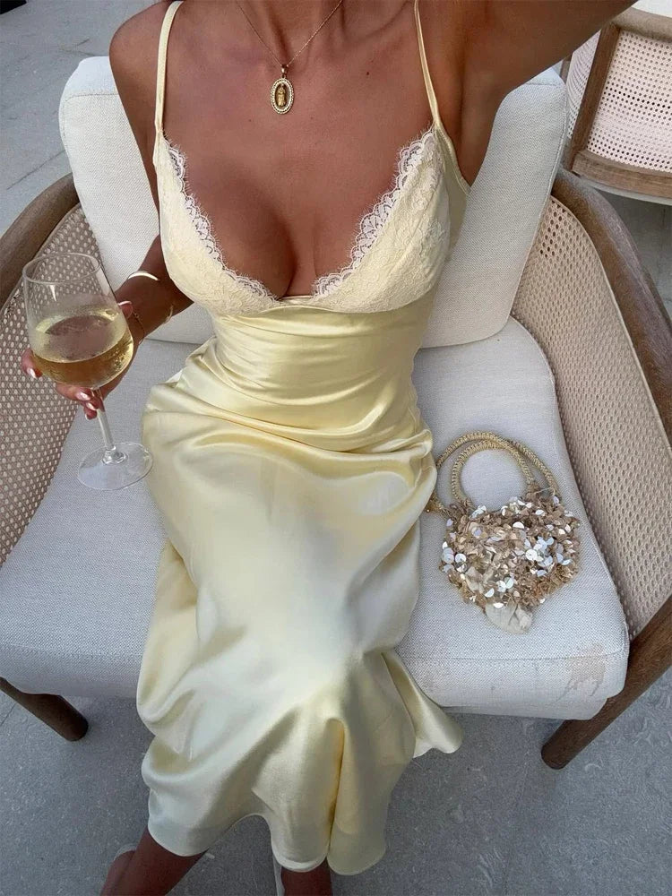 Satin Sexy Lace Spliced Maix Sling Dress Women Sleeveless Backless Yellow Vacation Vestidos 2026 Fashion Summer Lady Dresses﻿