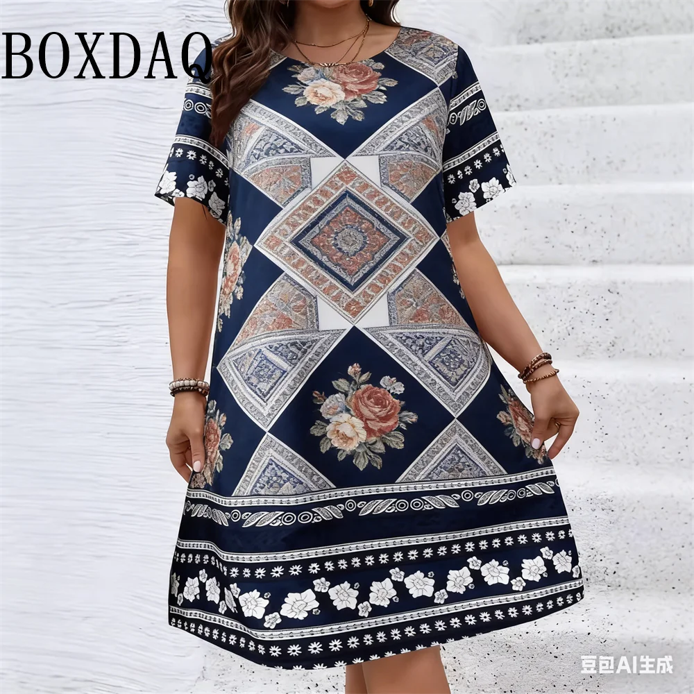 Ethnic Style Pattern Geometry Flower Dresses For Women 2026 Summer Fashion Plus Size Short Sleeve Print Dress Casual Retro Loose
