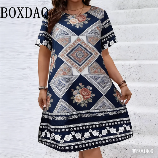 Ethnic Style Pattern Geometry Flower Dresses For Women 2026 Summer Fashion Plus Size Short Sleeve Print Dress Casual Retro Loose