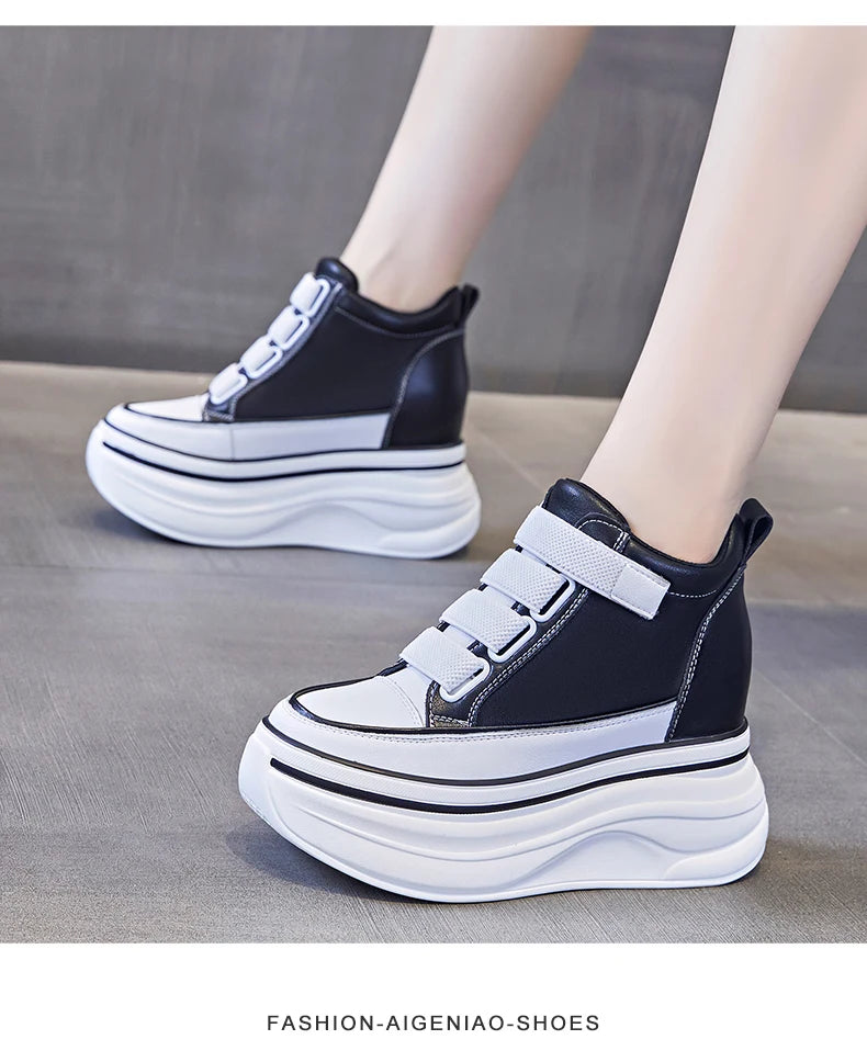 10cm Genuine Leather Platform Wedge Mid Calf Ankle Motorcycle Booties Non Slip Hidden Heel New Women Slip-On Autumn Spring Shoes