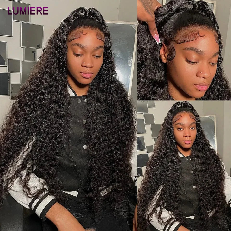 32" Deep Wave 100% Human Hair Bundle With Closure Fontal HD Transparent Curly 3 Bundles Human Hair Weavings And Closure Vietname