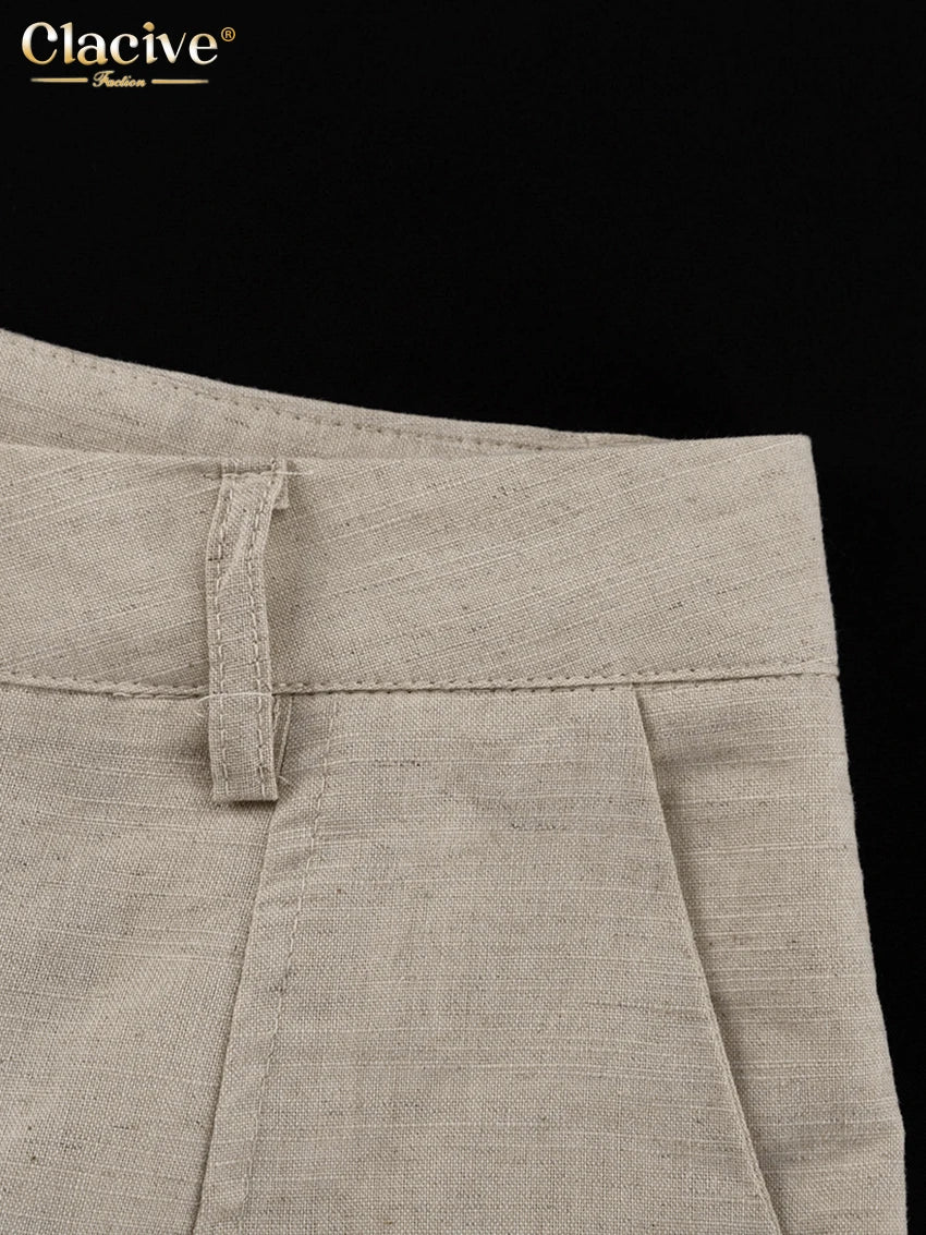 Clacive Summer Slim Khaki Linen 2 Piece Sets Women Outfit 2024 Fashion Sleeveless Tank Top With High Waist Shorts Set Female