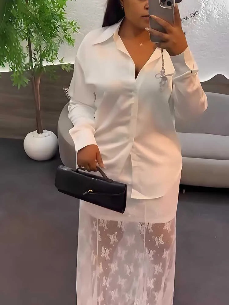 Women's Clothing Dresses and Sets Long Sleeve Shirt and Lace Dress Chic and Elegant Sexy Outfit Set Two Piece Summer