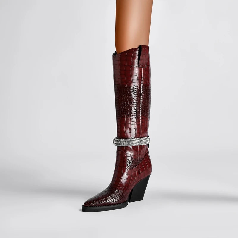 Kaky's New Water Diamond Pointed Thick High Heels Oversized Women's Boots Long Boots High Barrel Boots Western Boots 44 45 46