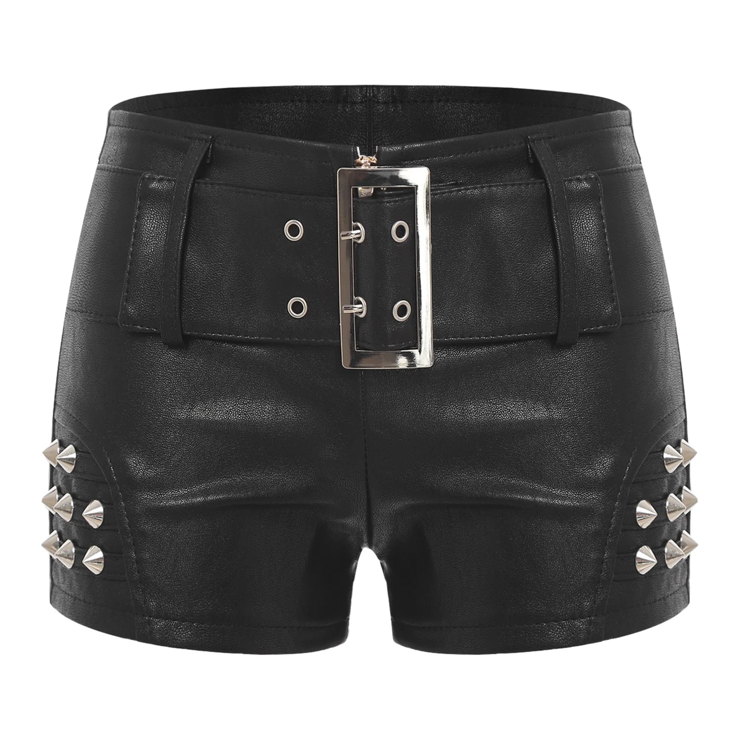 Womens Rivets And Belt PU Leather Hot Pants Hot Shorts Slim Fit Short Bottoms Club Rock Music Festival Costume