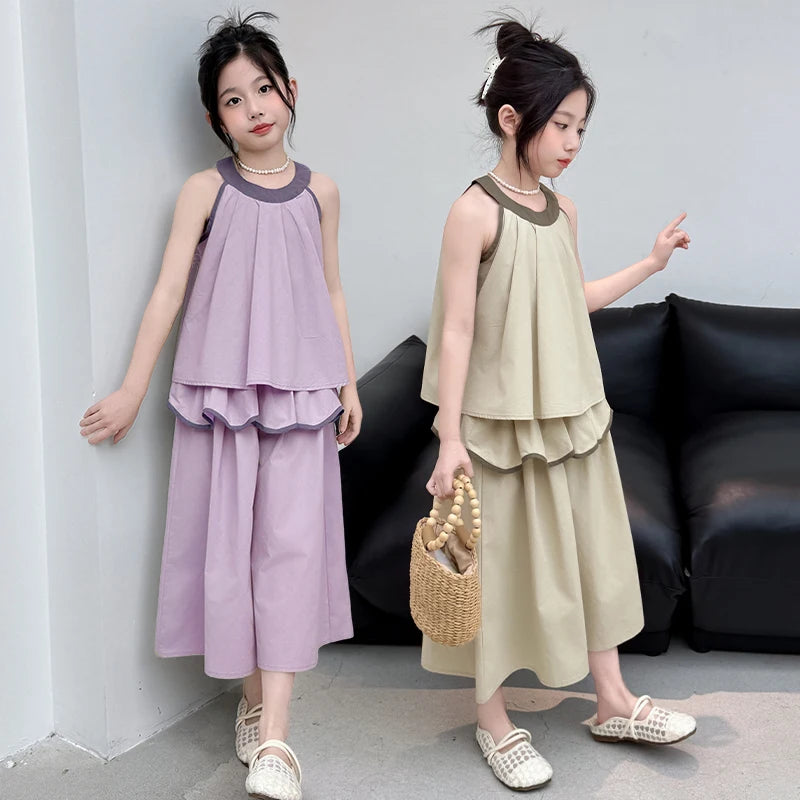 Girls Summer Casual Loose Skirt Pants Set Two Piece Outfit Big Kids Fashion Children's Clothing Set Comfortable