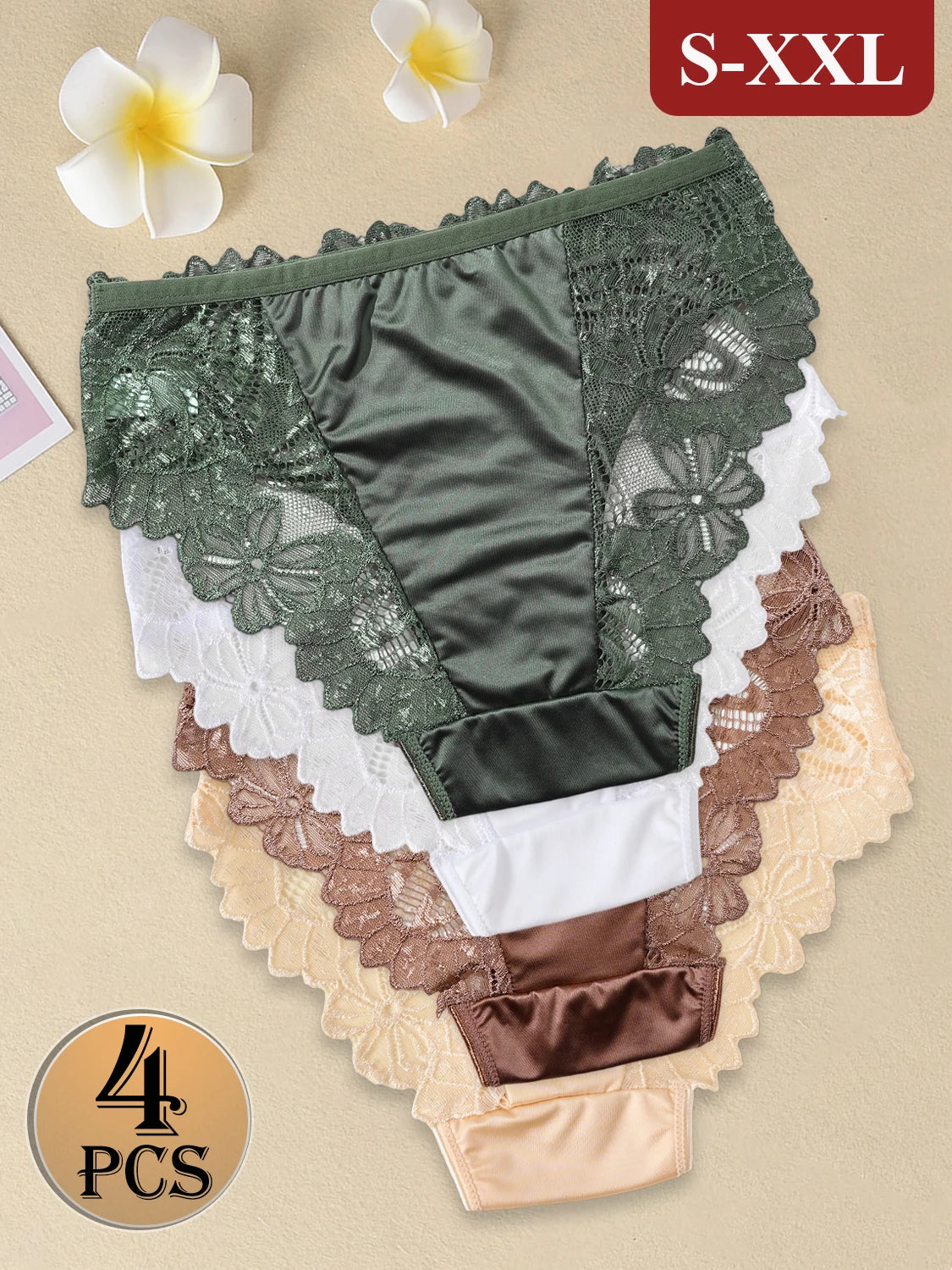 4PCS Elegant Women's Underwear Satin Panties Solid Color Lace Flower Lingerie Sexy Female Intimate Lingerie Everyday