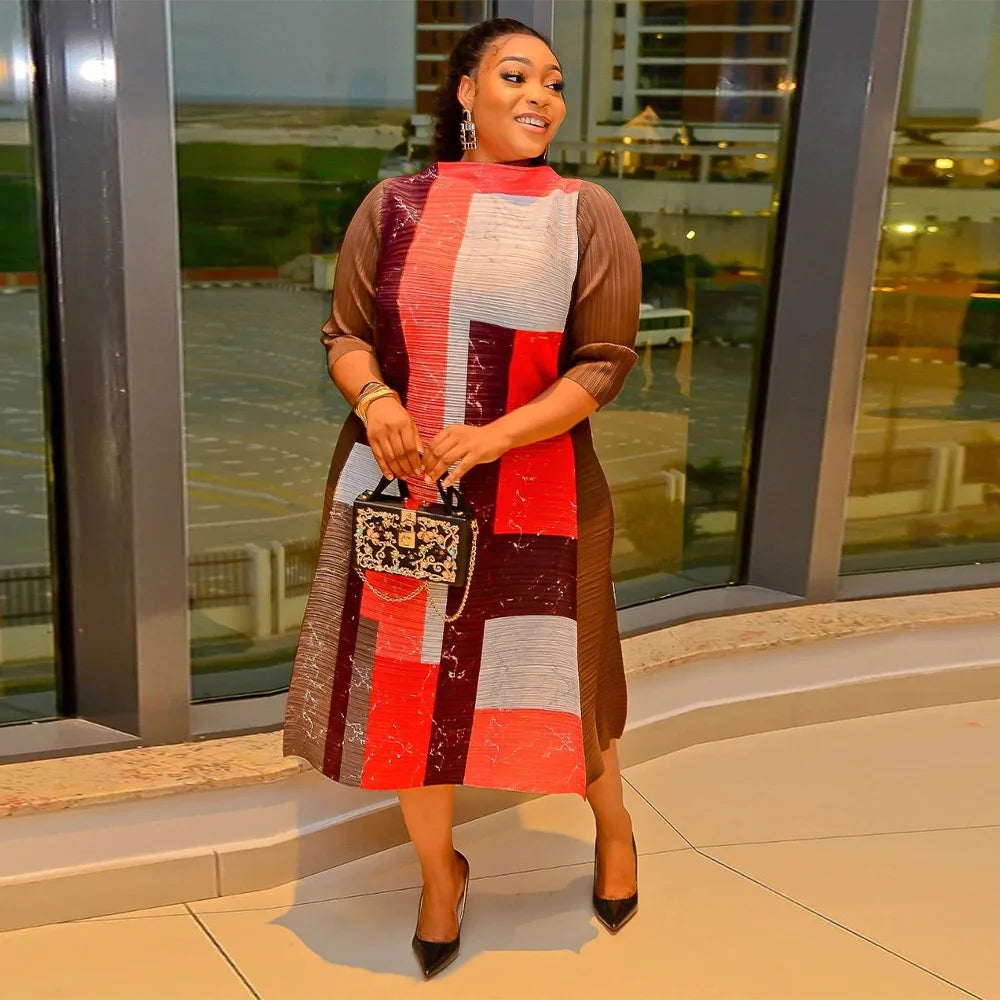 African Dresses for Women Summer Fashion Style African 3/4 Sleeve Polyester O-neck Pleated Dress Dashiki African Clothes Women