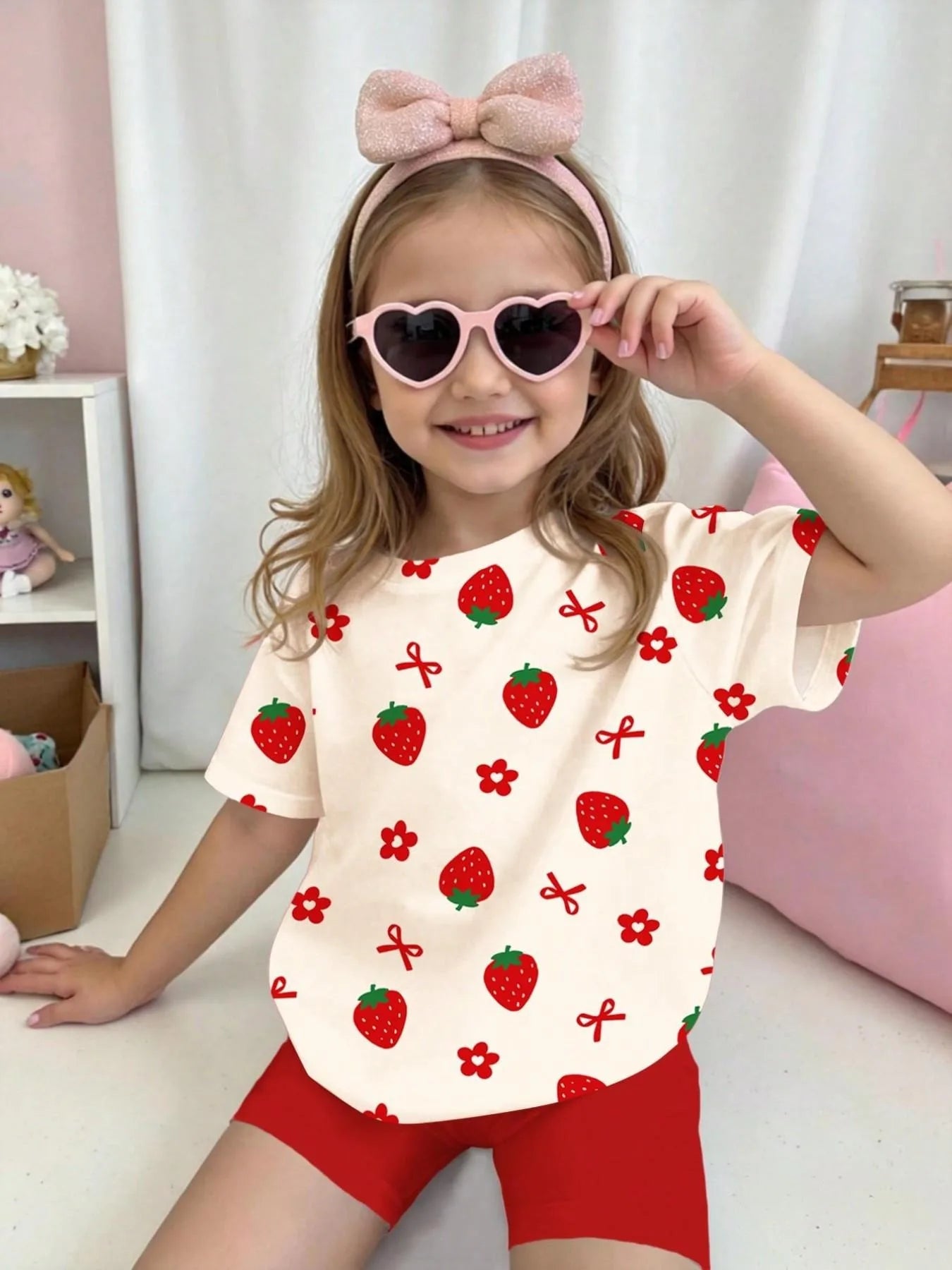 Kids Girls 2-Piece Summer Outfit, Strawberry Print Short Sleeve T-Shirt + Red Biker Shorts Casual Set
