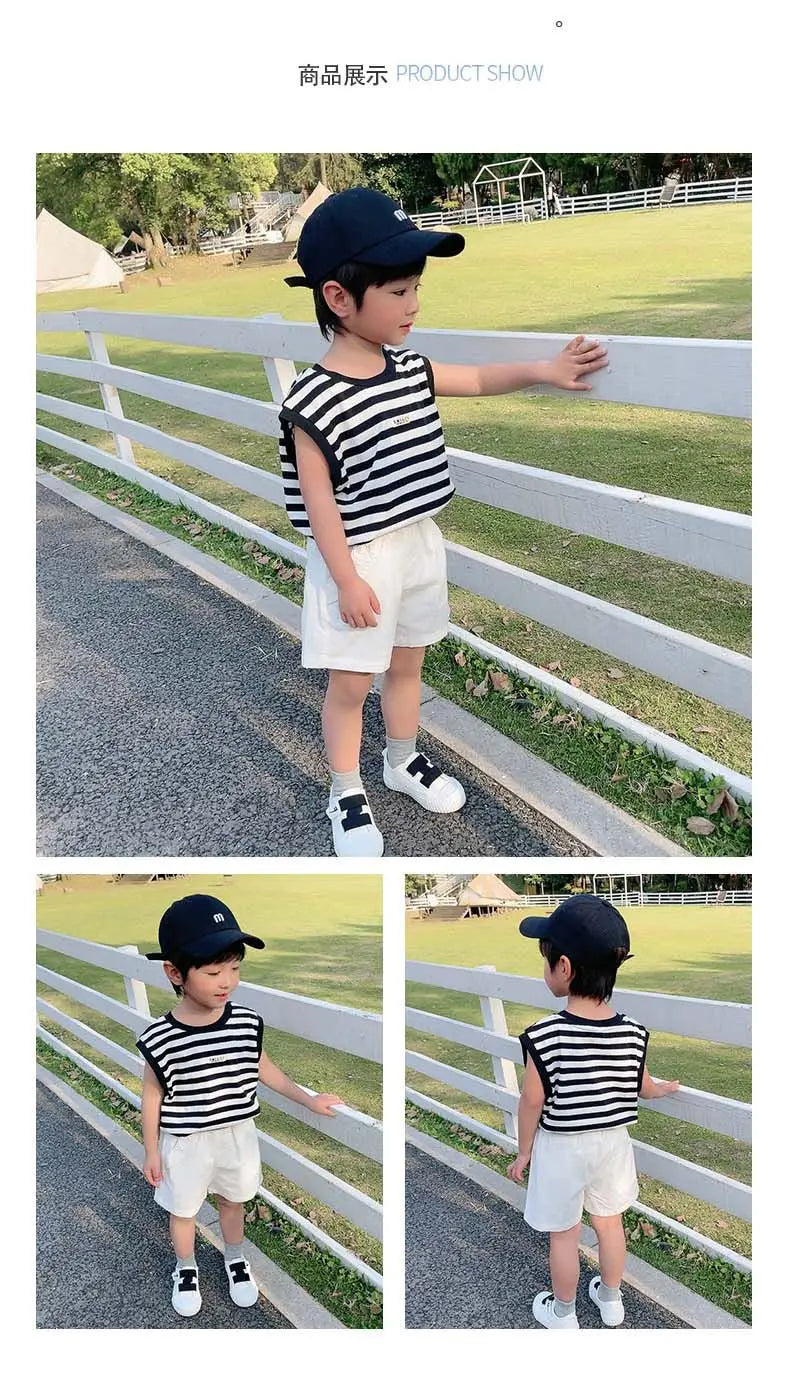 Boys' Striped Summer Casual Clothing Girl Children Handsome Boy Baby Sleeveless Vest and Shorts Set Kids Clothes Boys Outfits