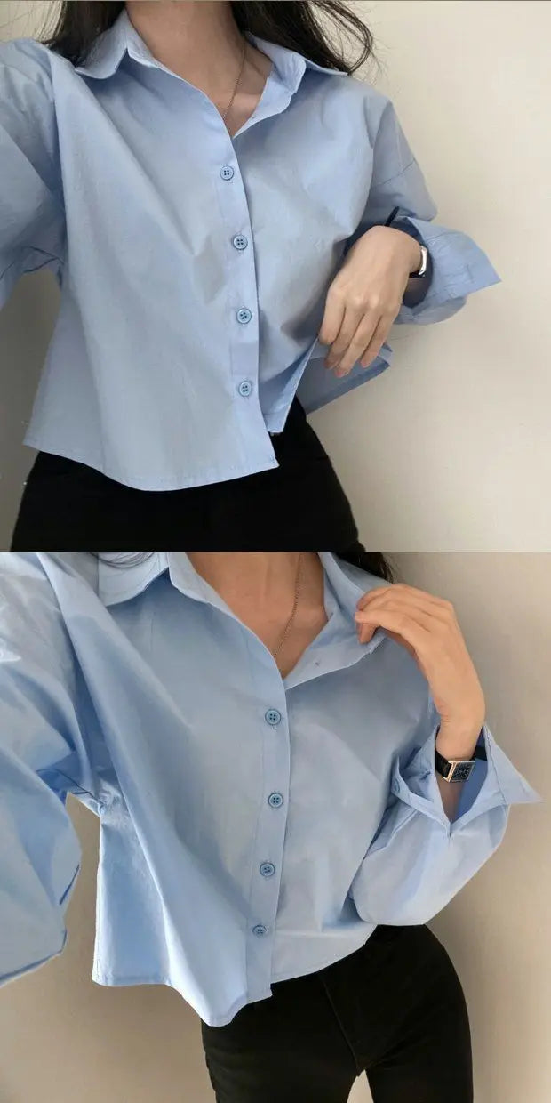 Zadily White Casual Long Sleeve Crop Top Blouse Korea Style Women Spring 2023