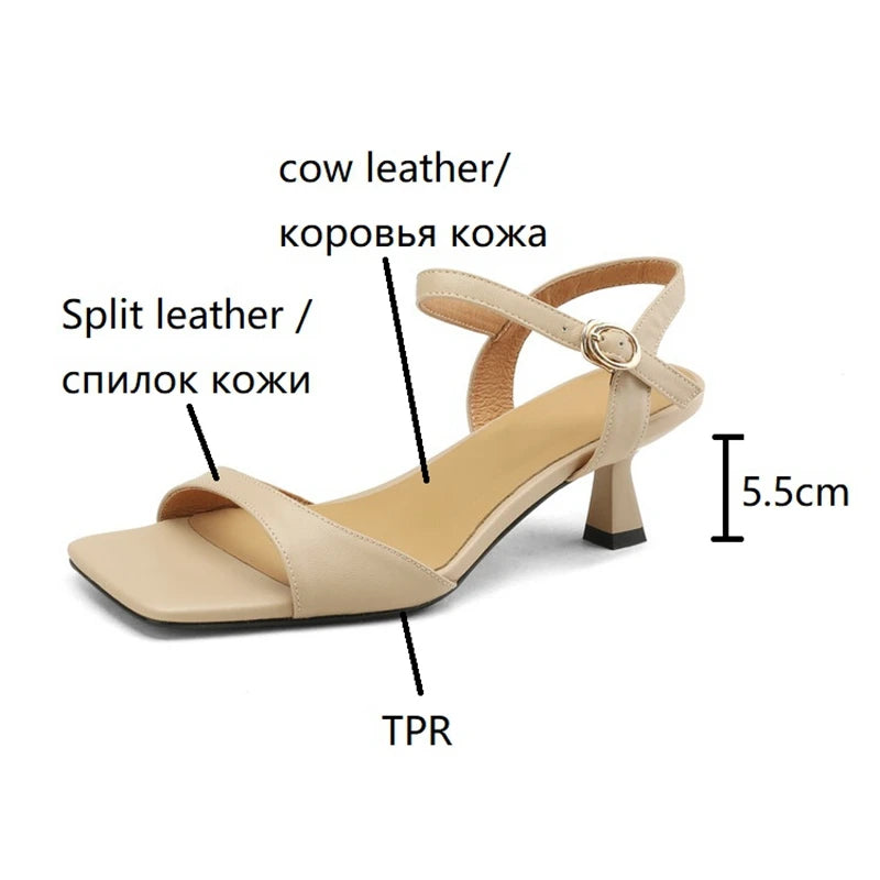2025 Summer Sandals Women Shoes Open-Toe Thin Heel Women Sandals Split Leather Square Toe Shoes for Women High Heels Handmade