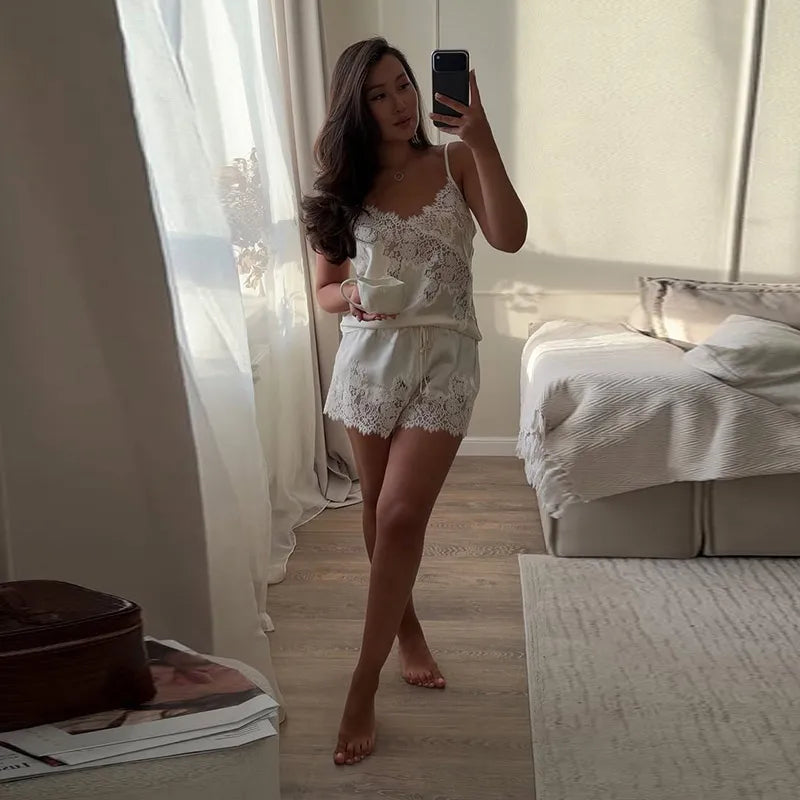 Women Short Set Satin Lace Spaghetti Strap V-Neck Top Drawstring Waist Lace Trim Shorts Elegant Casual Solid Two Piece Set Lady