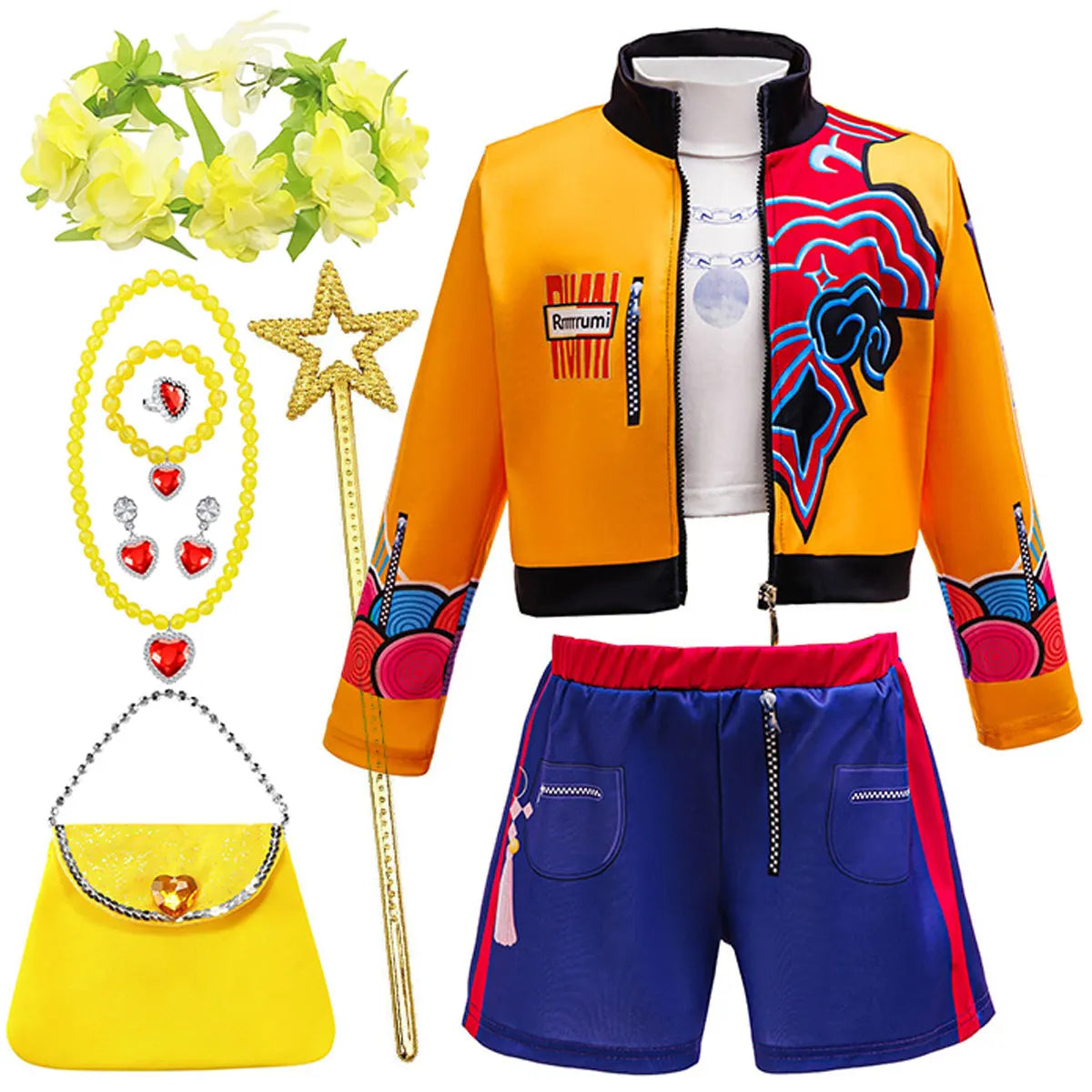 Kids Fashion Outfit Set Girls Printed Jacket Shorts Costume With Purple Braided Crown Accessories Halloween Birthday Party Dress