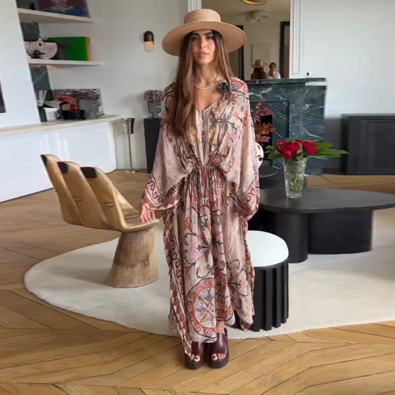 Women V Neck Vintage Vine Print Batwing Sleeve Maxi Dress Drawstring Waist Loose Flare Long Dress Mesh Texture Beach Vacation