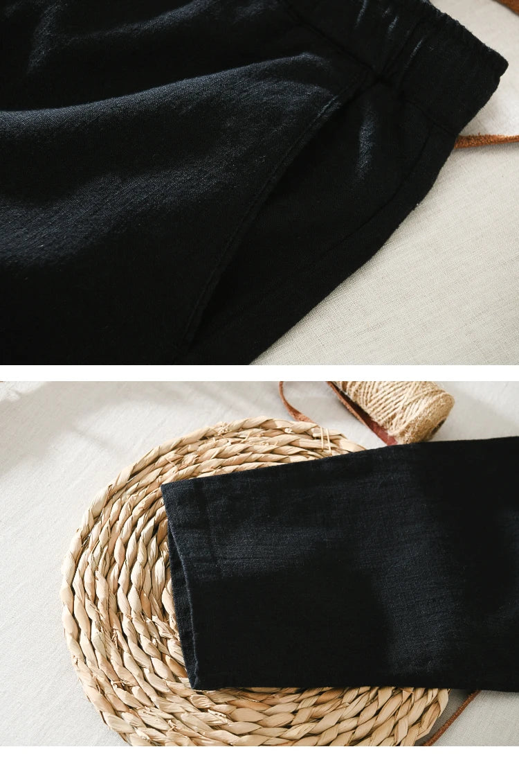 Summer Thin Cotton Linen Straight Leg Casual Pants Men's Loose Fit Drawstring Elastic Waist Nine Point Pants Breathable Youth...