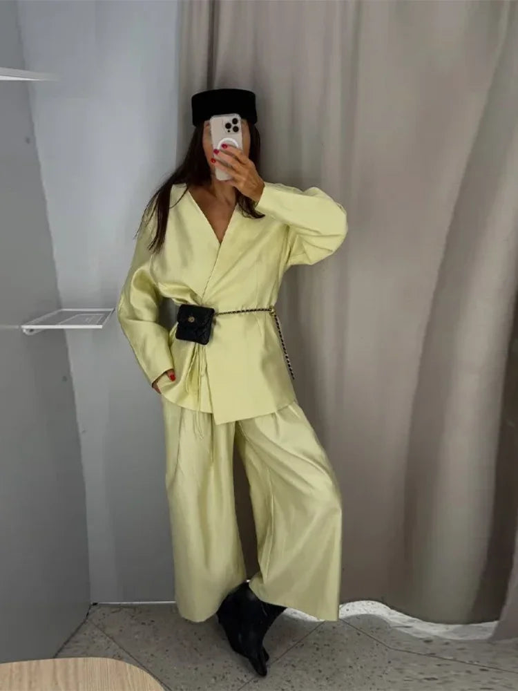 Women Elegant Solid Lace-up Blazer Set Lady Chic V-neck Full Sleeve Loose Coat Wide-leg Pants Suit 2026 Casual Commute Outfit