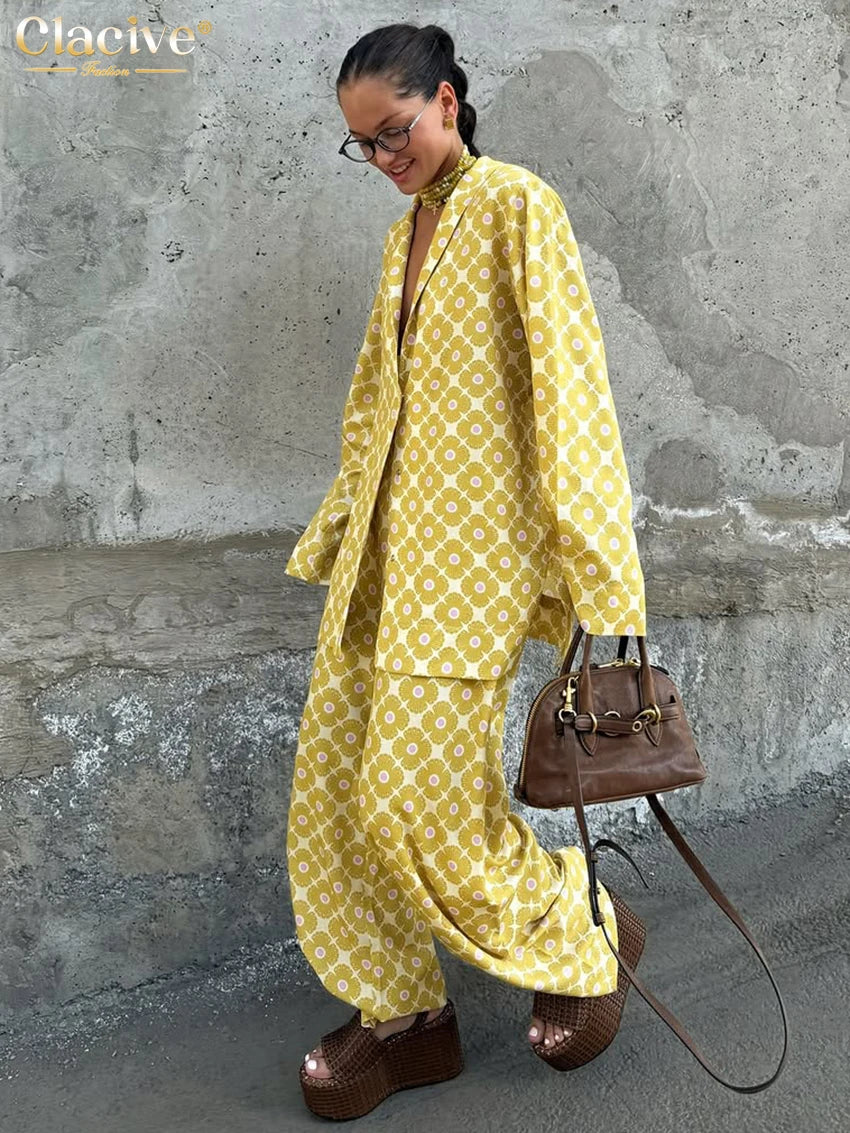 Clacive Fashion Loose Print Women's Two Pieces Set Elegant Long Sleeve Blouse With High Waist Wide Pants Set Female Streetwear